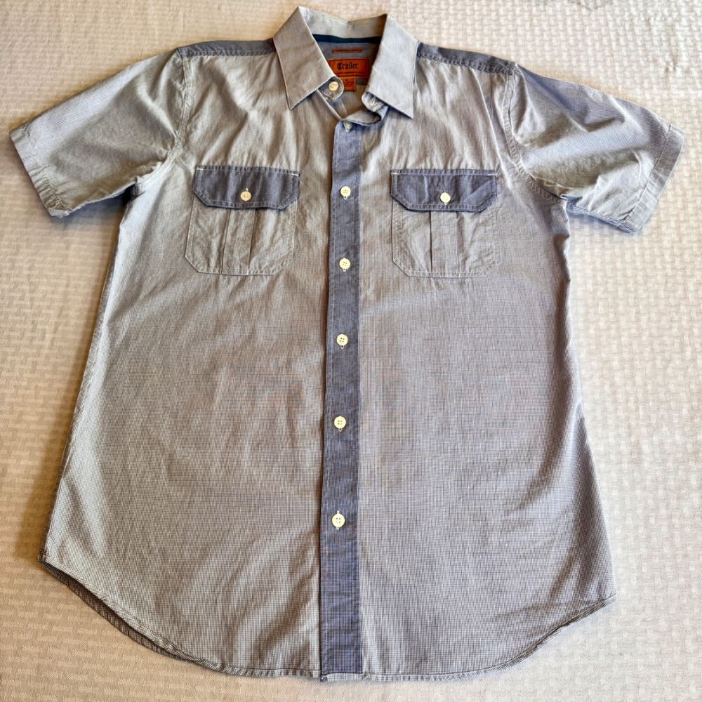 Trailer Mens Short Sleeve Button Down Shirt Large Blue Micro Check Workwear L‎